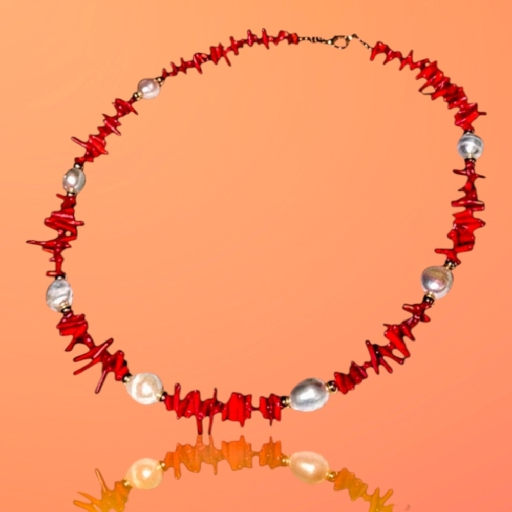 Red Coral With Pearls Handcrafted Necklace